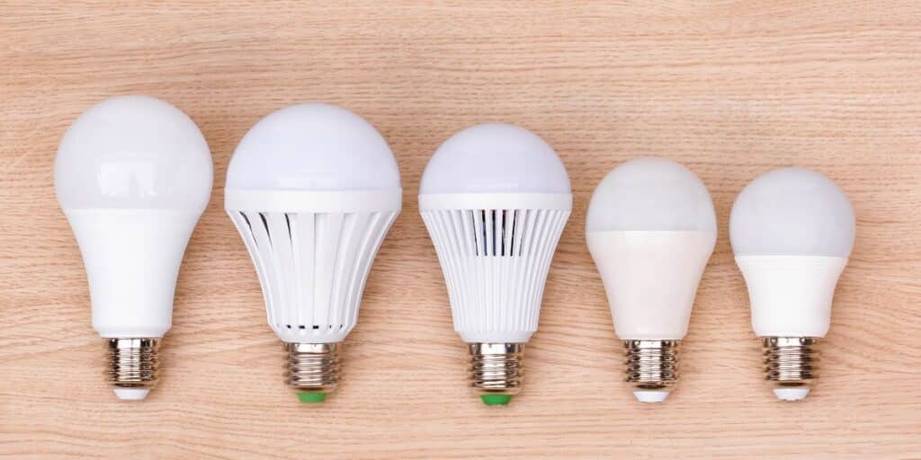 A row of 5 light bulb sizes